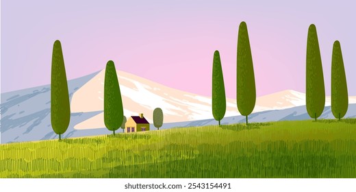 Beautiful nature landscape scenery vector illustration. houses, ranch, village, hills, mountain, field countryside design for cards, poster, banner and background.