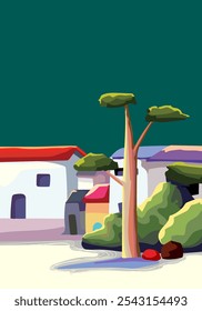 Beautiful nature landscape scenery vector illustration. houses, ranch, village, hills, mountain, field countryside design for cards, poster, banner and background.