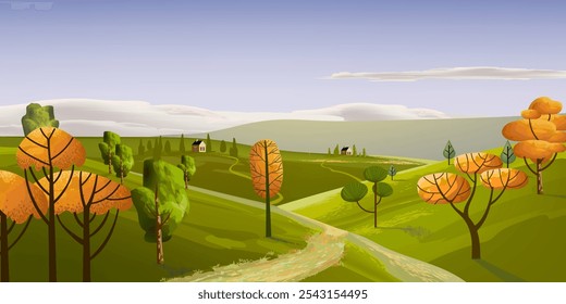 Beautiful nature landscape scenery vector illustration. houses, ranch, village, hills, mountain, field countryside design for cards, poster, banner and background.