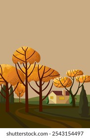 Beautiful nature landscape scenery vector illustration. houses, ranch, village, hills, mountain, field countryside design for cards, poster, banner and background.