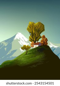 Beautiful nature landscape scenery vector illustration. houses, ranch, village, hills, mountain, field countryside design for cards, poster, banner and background.