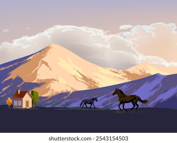 Beautiful nature landscape scenery vector illustration. houses, ranch, village, hills, mountain, field countryside design for cards, poster, banner and background.