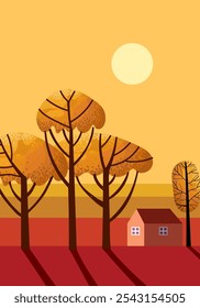 Beautiful nature landscape scenery vector illustration. houses, ranch, village, hills, mountain, field countryside design for cards, poster, banner and background.