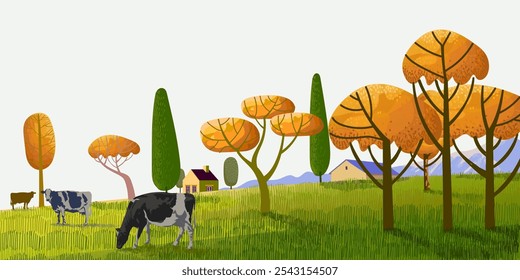 Beautiful nature landscape scenery vector illustration. houses, ranch, village, hills, mountain, field countryside design for cards, poster, banner and background.