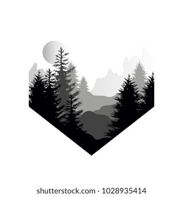 Beautiful nature landscape with silhouette of coniferous forest, mountains and sun, natural scene icon in geometric shape design, vector illustration in black and white colors