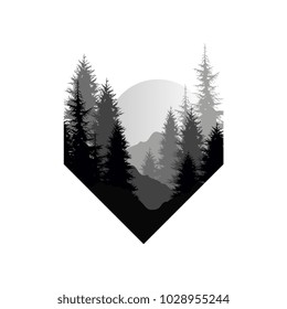 Beautiful nature landscape with silhouettes of trees, mountains, sunset of big sun, natural scene icon in geometric shape design, vector illustration in black and white colors