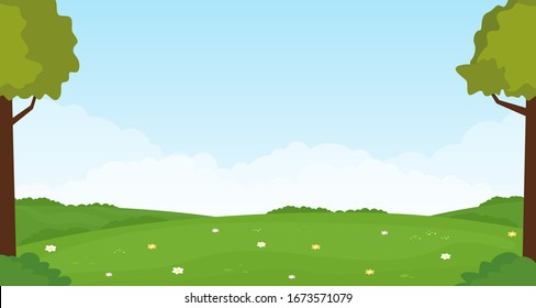 Beautiful nature landscape. Summer panorama with green hills, bright color blue sky and tree. Vector illustration.