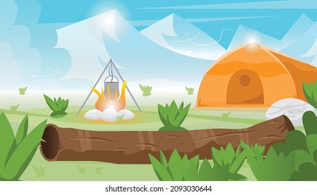 Beautiful nature landscape with tree log, green field and ice mountain with camp or tent on the field, vector illustration.