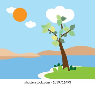 Beautiful nature landscape vector background illustration with tree, water body, hills and sky.