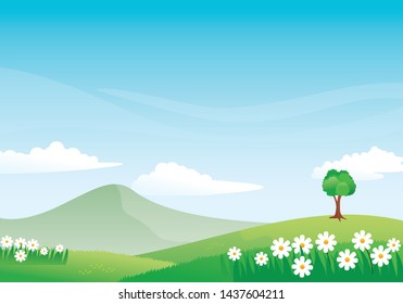 Beautiful nature landscape vector illustration. Beautiful mountain scenery with flowers, grass, meadow and blue sky element suitable for background or wallpaper