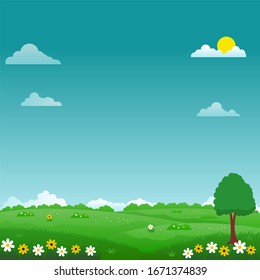 Beautiful nature landscape vector illustration with bright sky, green meadow and flowers suitable for summer background or kids background 