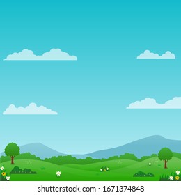 Beautiful nature landscape vector illustration with bright sky, green meadow and flowers suitable for summer background or kids background 