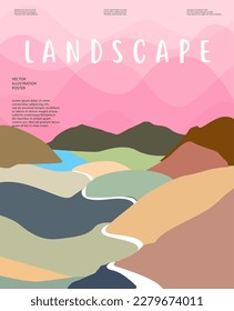 Beautiful nature and landscape. Vector illustration of mountains, trees, plants, fields and farms. Editable work for cover or card designs.