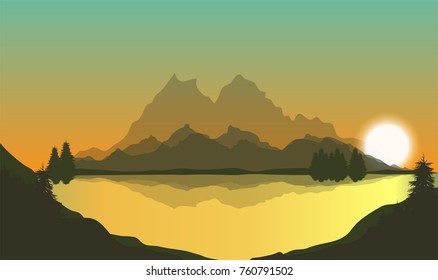 beautiful  nature landscape. vector illustration of sunset over mountain peaks and lake