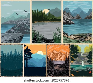 Beautiful nature landscapes colorful posters with small waterfall pond cliff river and lake coasts flying birds forest and mountains sceneries in vintage style vector illustration