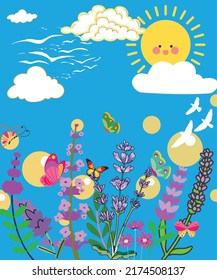 Beautiful nature life under the sun. Hand drawn illustration. Watercolor wildlife on blue background. Sun, cloud, butterfly, flowers and other elements.