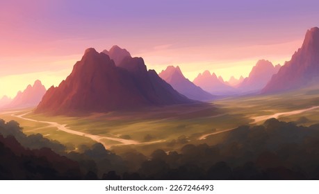 Beautiful Nature Mountains Scenery During Sunset or Sunrise Detailed Hand Drawn Painting Illustration