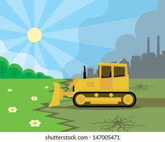 beautiful nature next to polluted city with yellow bulldozer 