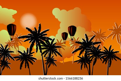 Beautiful nature with nice surise. Tropic wood and few balloons above it. Great clouds around the sun. Peaceful time to look on beautiful nature.