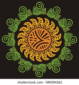 Beautiful nature round decorative element with sun. Vector illustration.