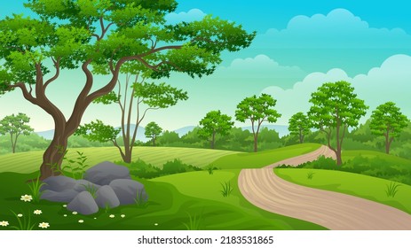 Beautiful Nature scene green hill with footpath, field and forest landscape 