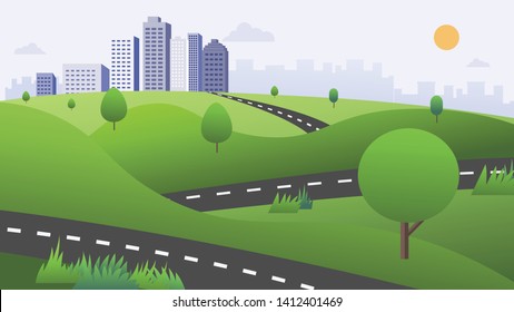 Beautiful nature scene with road , green hills , and town background vector illustration.Nature way to city wih sky background.Cityscape with nature landscape