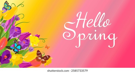 Beautiful nature scene. Spring banner with bright tulips, daffodils, flying butterflies and the words Hello Spring.