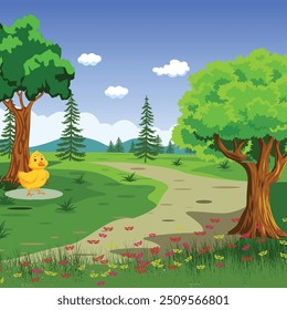 beautiful nature scenery garden , flat illustration design , nature design for cartoon animation , 2d scenery design 2024, background design ,flower garden scenery landscape , morning scene 