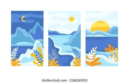 Beautiful nature scenes set. Picturesque natural mountain landscape and river in blue colors at different times of day vector illustration