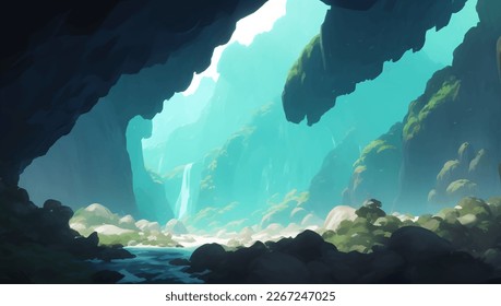 Beautiful Nature Sea Scenery with Hills view from Cave Silhouette Detailed Hand Drawn Painting Illustration