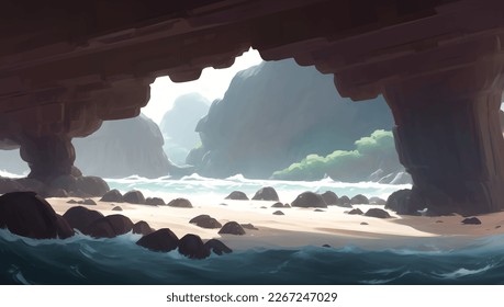 Hermoso paisaje natural del mar con colinas vista de Cave Silhouette Portada de pintura dibujada a mano