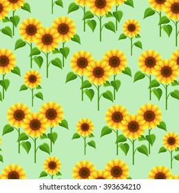 Beautiful nature seamless pattern green with yellow sunflowers. Background with stylized flowers. Bright floral wallpaper. Vector illustration