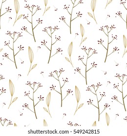 Beautiful Nature seamless pattern with hand drawn delicate plants. Floral vector background. Wrapping paper.