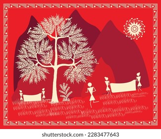 Beautiful nature showing in warli art. Indian warli painting. Modern Paintings, Wallpaper illustration Vector warli art. Tree, bird real life.