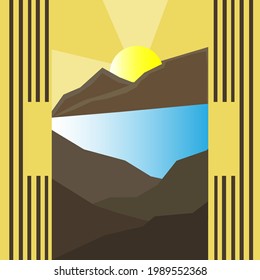
beautiful nature summer flat panorama, mountains, beautiful blue lake, clear sky, horizon background, mountain lake landscape vector illustration
