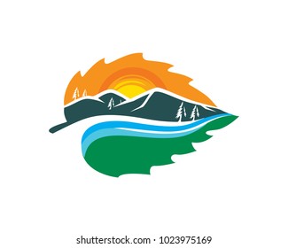 Beautiful Nature Sunrise In A Leaf Shape Mountain View Landscape Logo
