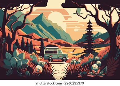 beautiful nature travel illustration. Wanderlust feeling. Forest and mountains in the background. 