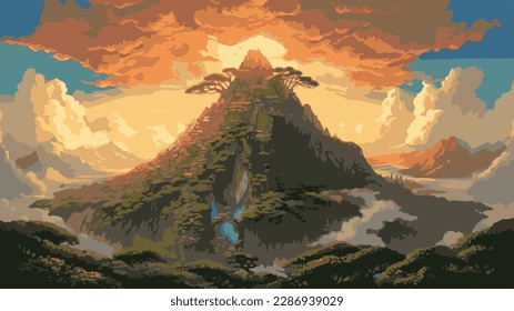 Hermoso árbol natural y montaña con fondo de puesta de sol. vector de paisaje