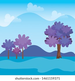 beautiful nature trees with clouds and mountains