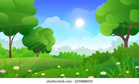 Beautiful nature tropical forest or hill with green grass, trees and mountain cartoon illustration