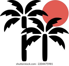 beautiful nature vector art with two palm tress and red sun in the middle logo art