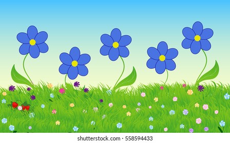 Beautiful nature vector background with blue flowers on a meadow