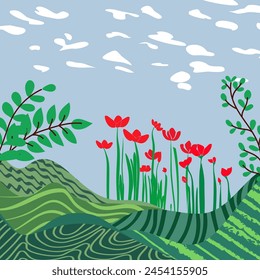 Beautiful nature. Vector illustration of mountains, trees, plants, fields and animals. For prints, cover or card designs, art decoration.