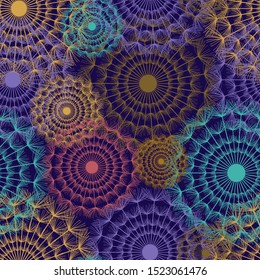 Beautiful nature vibrant background seamless pattern with colorful dandelion fluff in vintage style. Floral backdrop, summer or spring flowers. Elegant stylish trendy wallpaper. Graphic design, vector