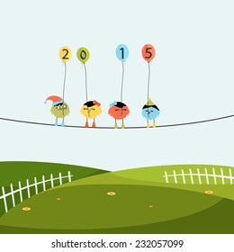 Beautiful nature view with cute birds sitting on a rope and holding colorful balloons of year 2015 for Happy  New Year celebrations.