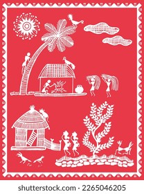 Beautiful nature Warli painting, Is combination of Indian Farmer and life, Modern Paintings, Bird and Tree Warli art, Wallpaper illustration Vector art.