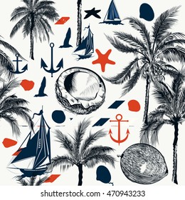 Beautiful nautical pattern on marine theme with palms and ships