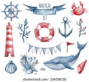 Beautiful nautical set. Watercolor vector. Include lighthouse, anchor, corals, seaweed, whale, shells, steering-wheel and buoy ring