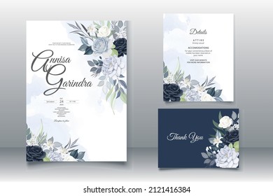 Beautiful navy blue floral frame wedding invitation card template Premium Vector