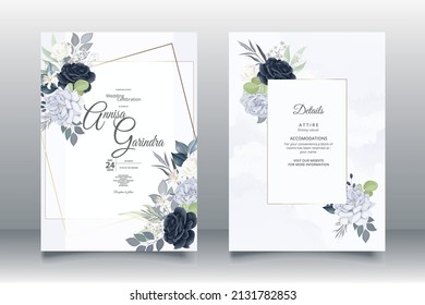 Beautiful navy blue floral frame wedding invitation card template Premium Vector